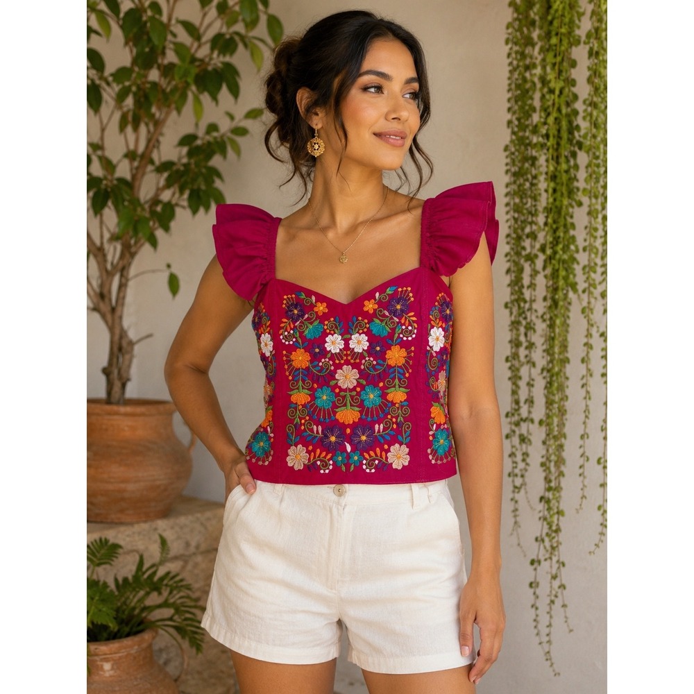 Mexican Embroidered Crop Top Magenta Pink Floral Ruffle Corset Back Unitalla